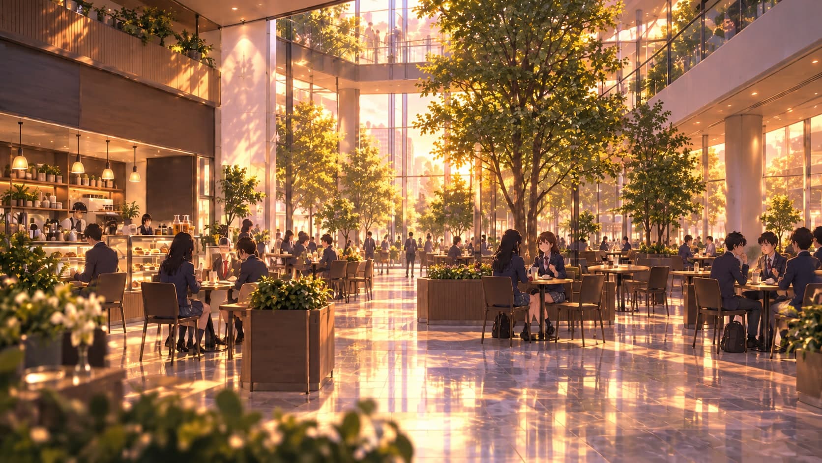 A bright atrium café with trees growing indoors, students sitting at tables and golden light coming through glass walls.