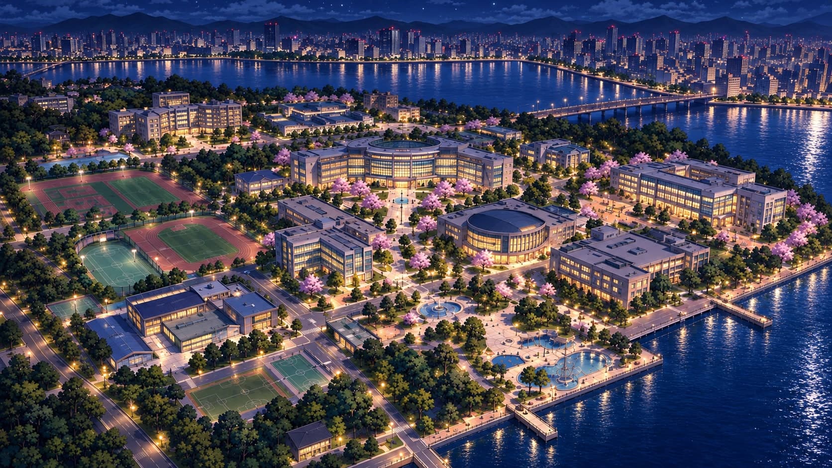 Aerial view of the campus at night under moonlight, with lit paths and buildings and a bright city skyline in the distance.