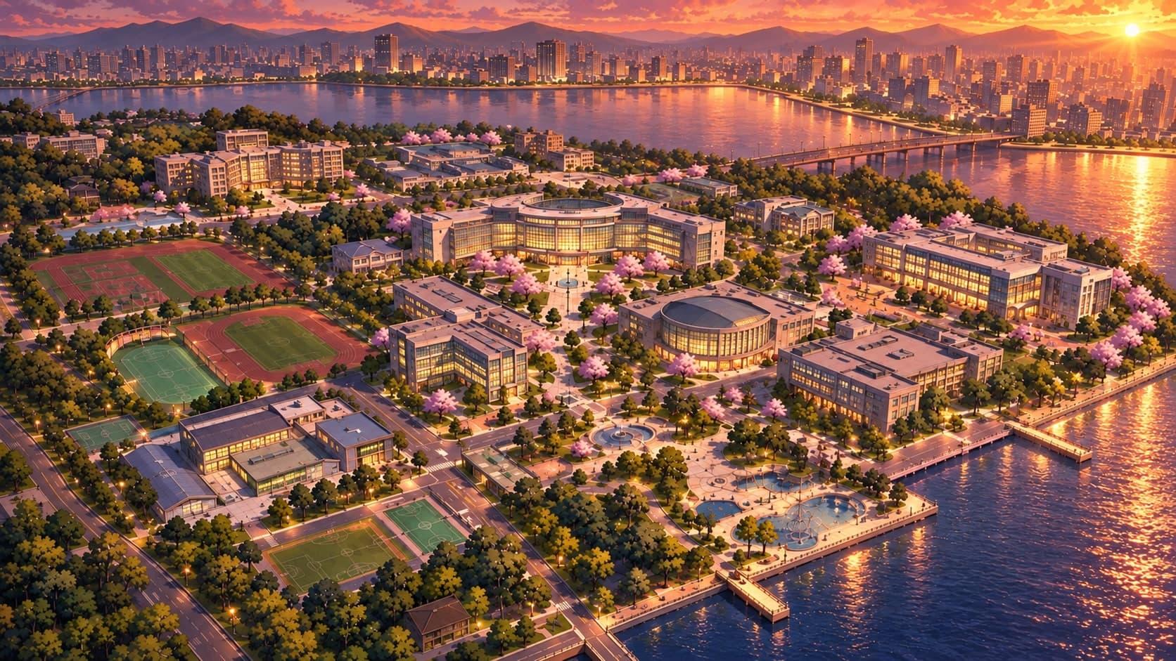 Aerial view of the campus at sunset, buildings lit warmly and the water reflecting an orange sky.