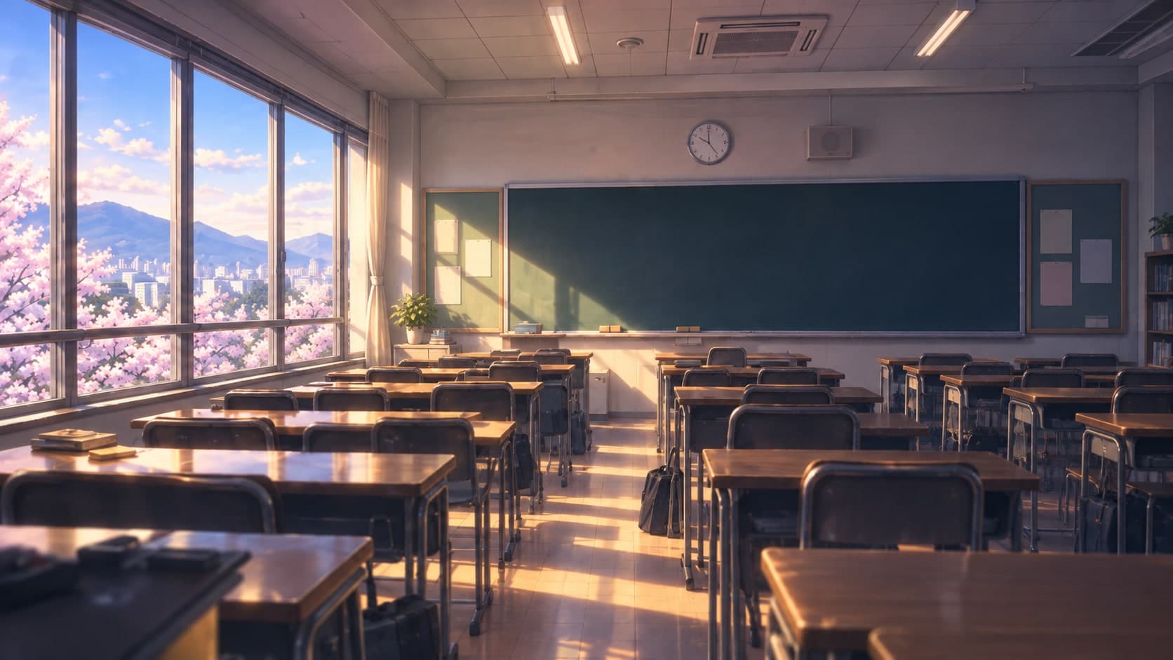 An empty classroom with wooden desks in warm afternoon light, a blackboard on the right and cherry blossom visible through large windows.