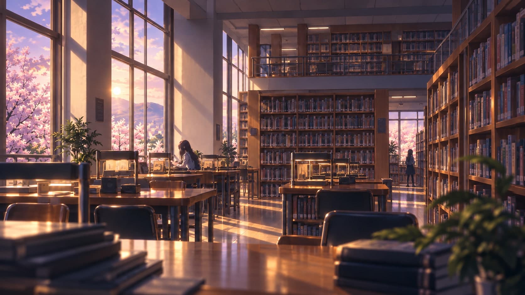 A large library with tall bookshelves and long wooden study tables lit by desk lamps, with evening light coming through tall windows.