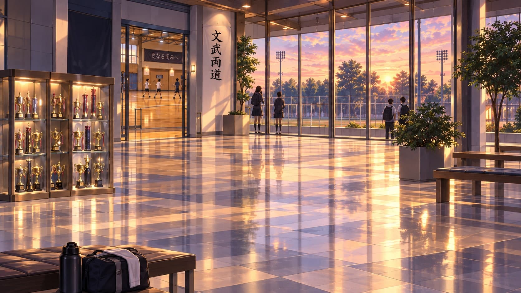 A sports facility entrance hall at sunset, with trophy cabinets along one wall and floodlit sports fields visible through glass doors.