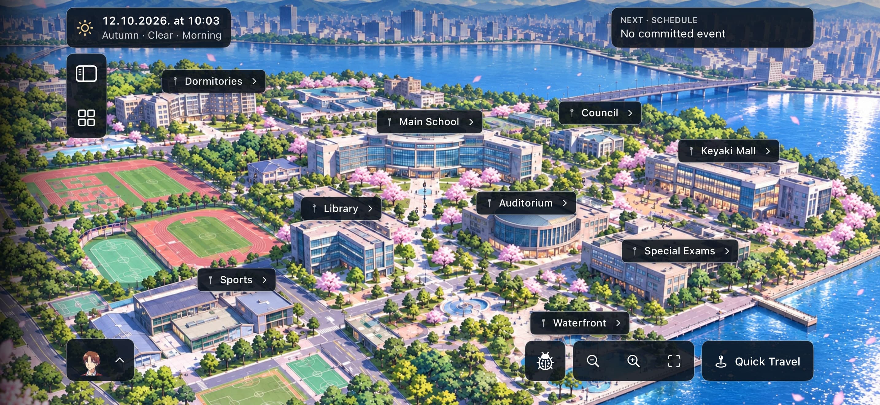 Game screenshot: an aerial campus map with labelled buildings including Dormitories, Main School, Library, Auditorium and Sports, a date and weather panel, and a Quick Travel button.