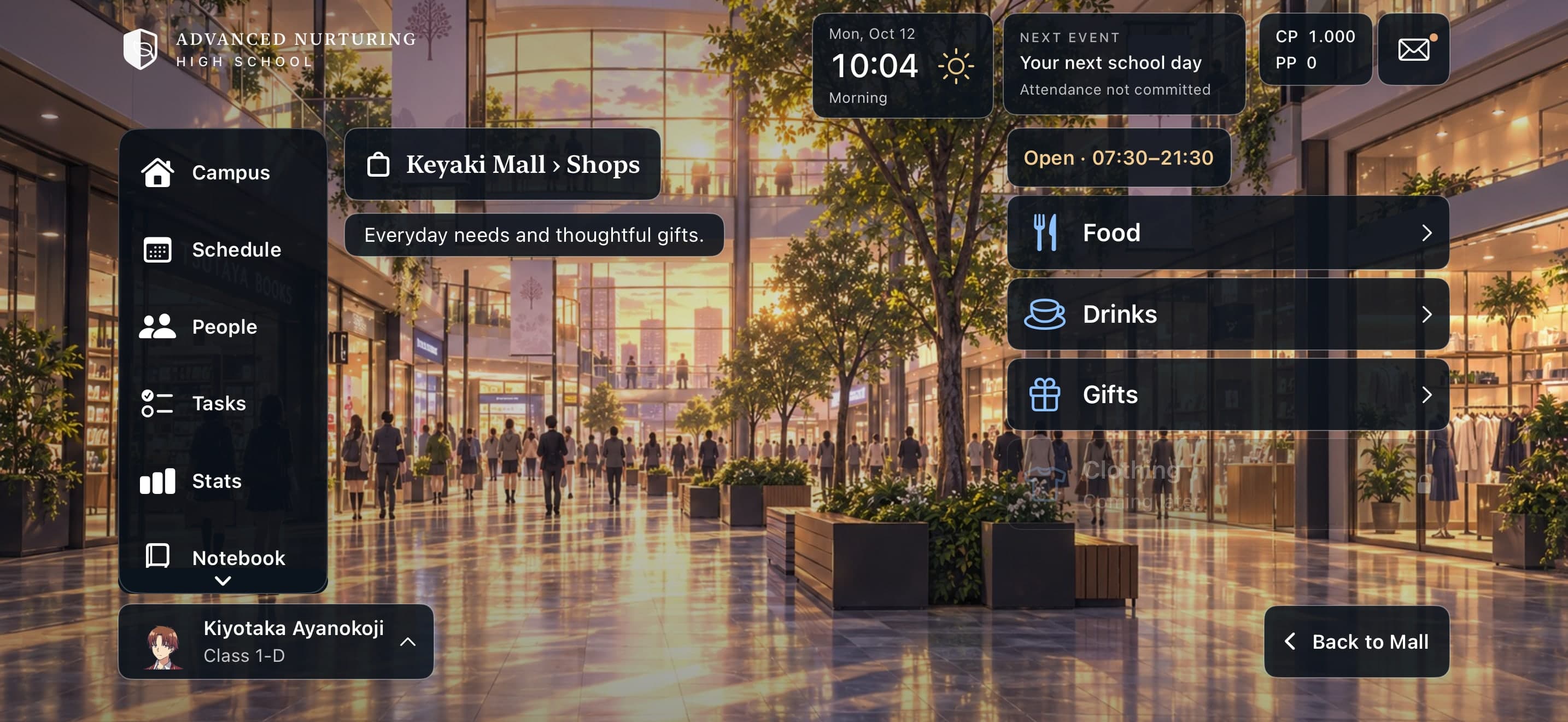 Game screenshot: a shopping mall interior with a menu listing Food, Drinks and Gifts and opening hours of 07:30 to 21:30.