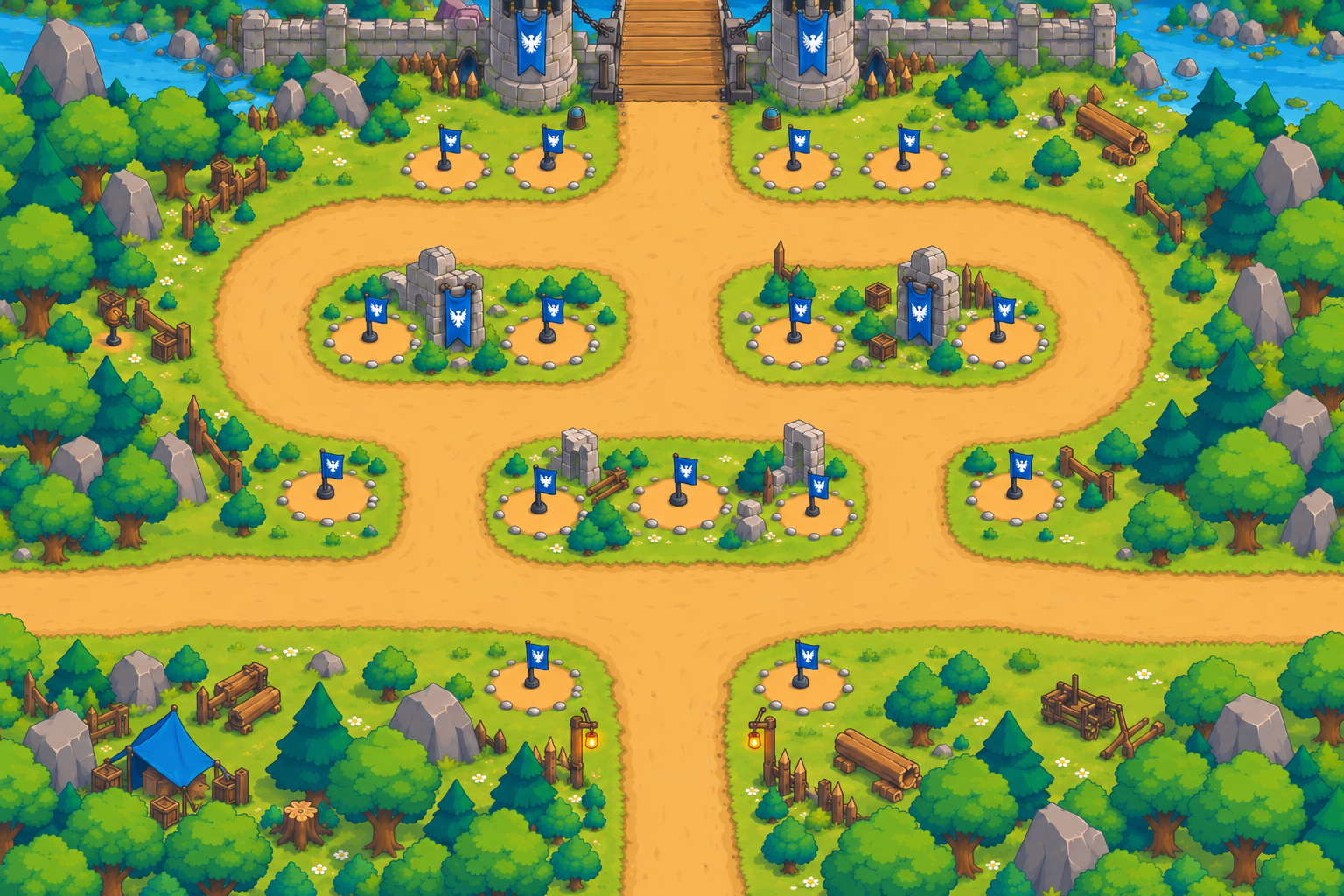 The illustrated Ravenbridge battlefield with three roads meeting at a fortified crossing