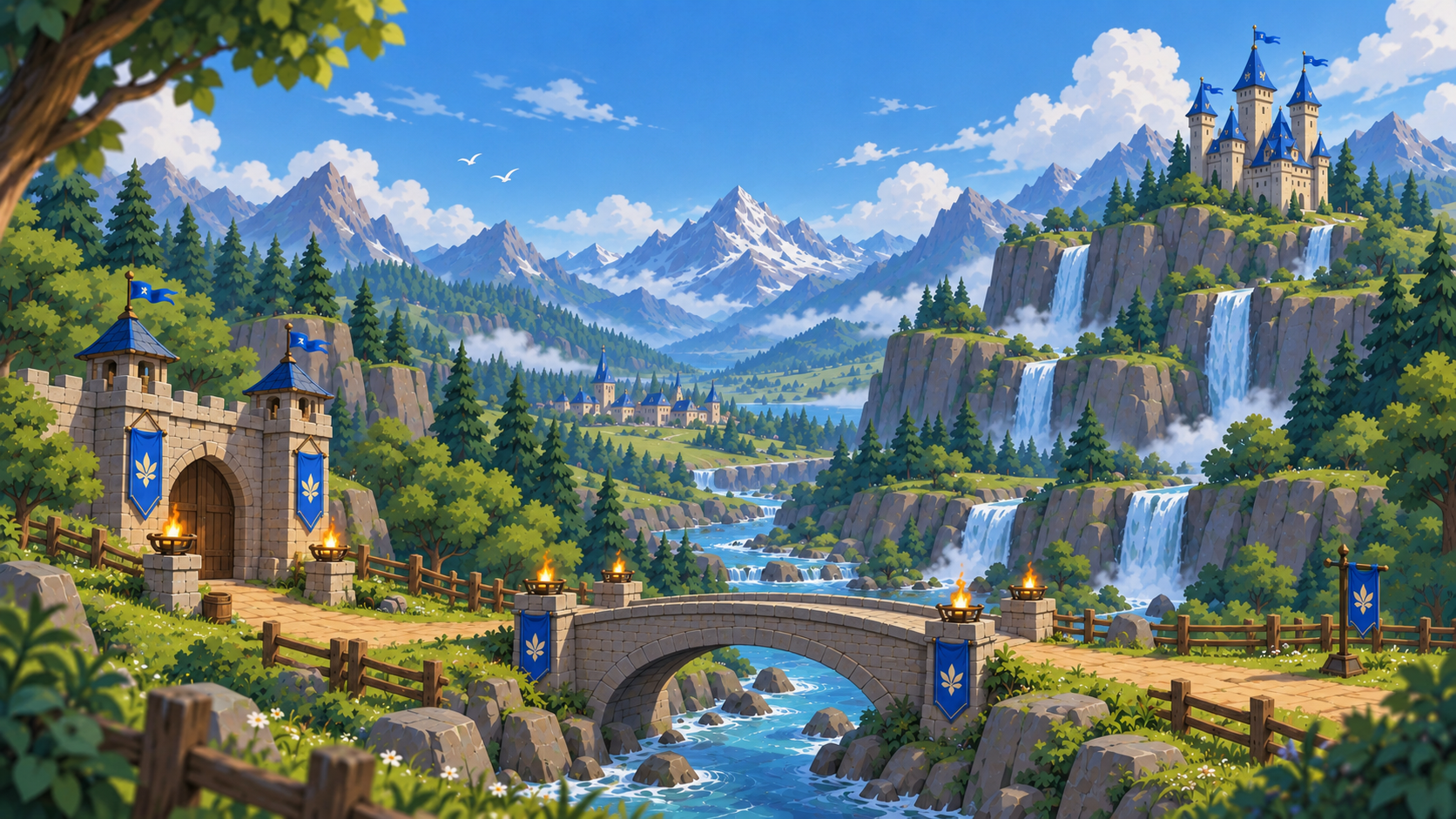 Blue-bannered castles and stone bridges above the forests and waterfalls of Milloria